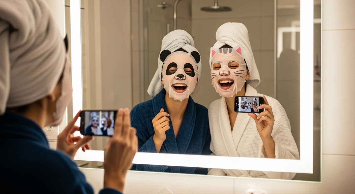 Deux amies en peignoirs rigolent devant le miroir en salle de bain en portant des masques en tissu colorés, l’une a un masque panda, l’autre un masque chat, et toutes deux prennent un selfie joyeux, ambiance cosy et lumineuse.
