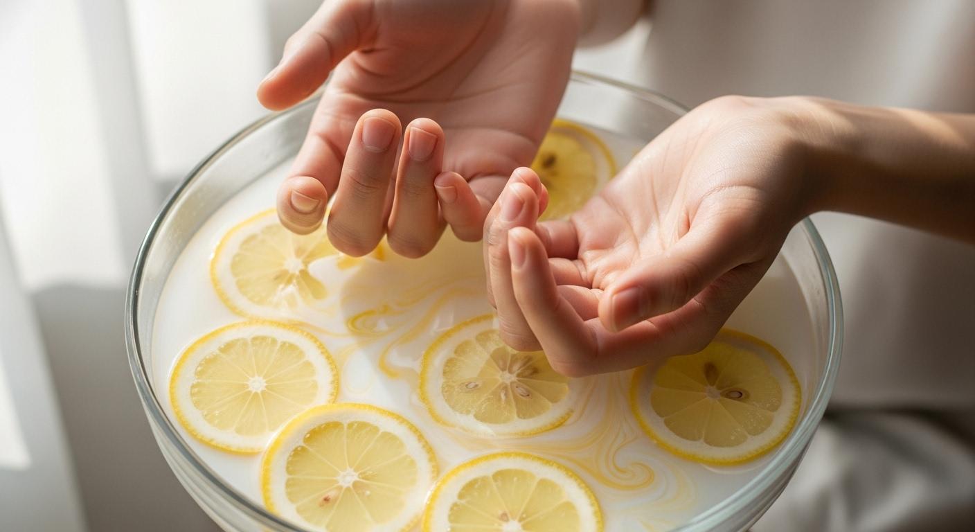 Deux mains plongées dans un petit bol d’eau tiède, mélange de lait et de rondelles de citron flottant à la surface, ambiance douce et lumière naturelle sur la peau.