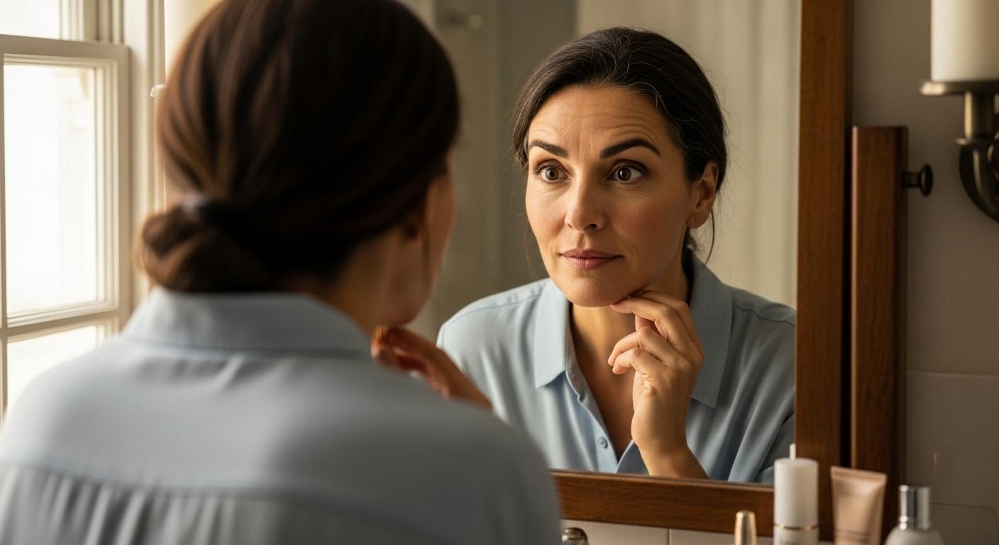 Femme de 40 ans devant son miroir, observant son visage avec attention, le reflet montre des ridules naissantes et l’expression d’un mélange de curiosité et de détermination.