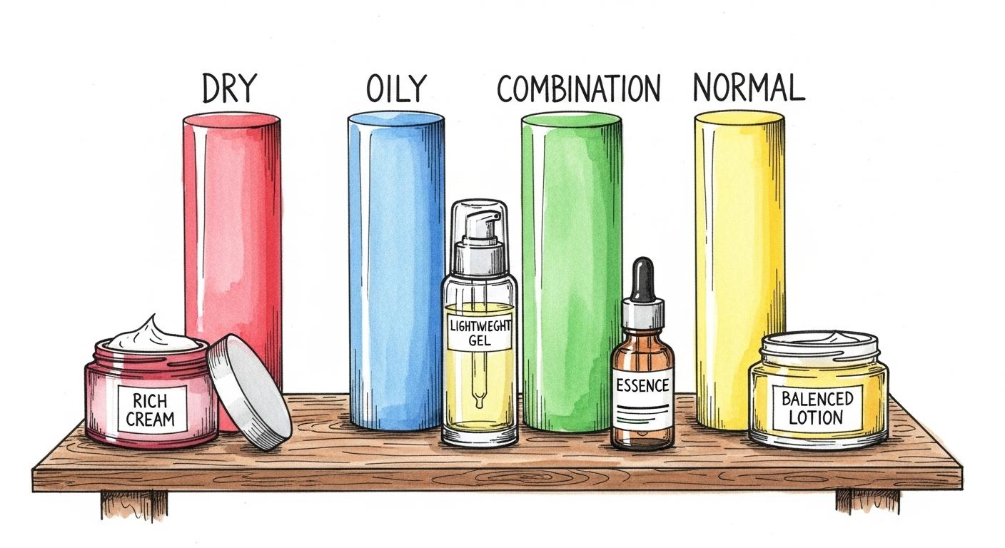 Quatre colonnes dessinées à la main, chacune colorée différemment, alignées sur une table, symbolisant les quatre types de peau ; à côté, des pots de crème, un gel, une essence, illustrant les routines spécifiques selon la couleur de chaque colonne.
