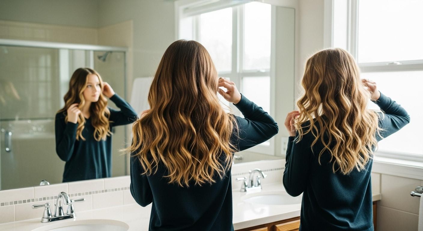 Trois jeunes femmes devant un miroir de salle de bain, chacune avec un type de cheveux ondulés distinct (2A, 2B, 2C), en train d'examiner leurs ondulations naturelles à la lumière du matin, ambiance lumineuse et réaliste.