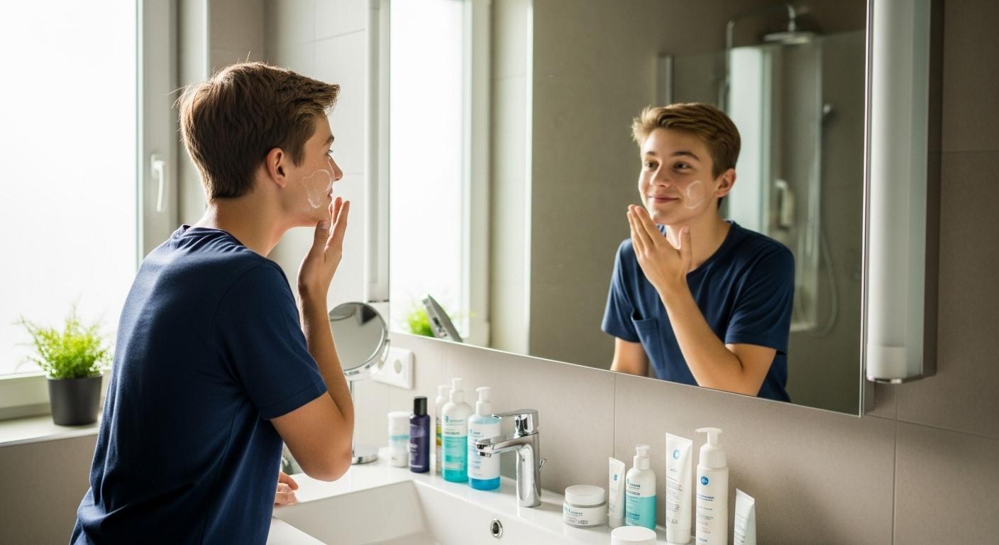 Un adolescent debout devant son lavabo le matin, entouré de produits de soin visage, appliquant son gel nettoyant en souriant dans le miroir, la lumière matinale entrant par la fenêtre d’une salle de bain familiale moderne.