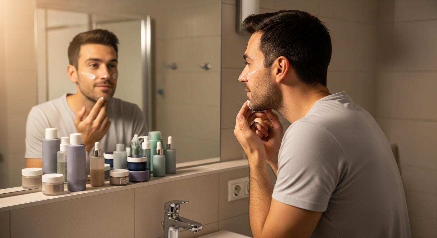 Un homme devant son lavabo, appliquant soigneusement une crème sur son visage tout en se regardant dans le miroir, la lumière du matin mettant en valeur un teint frais ; en arrière-plan, quelques flacons de soins alignés de façon organisée.