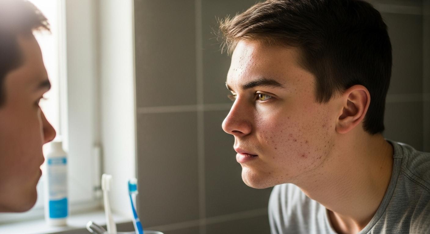 Un jeune adulte regarde son reflet dans un miroir éclairé par une lumière naturelle, observant les zones brillantes de son visage, pores dilatés sur le nez et points noirs visibles, ambiance de salle de bain du matin.