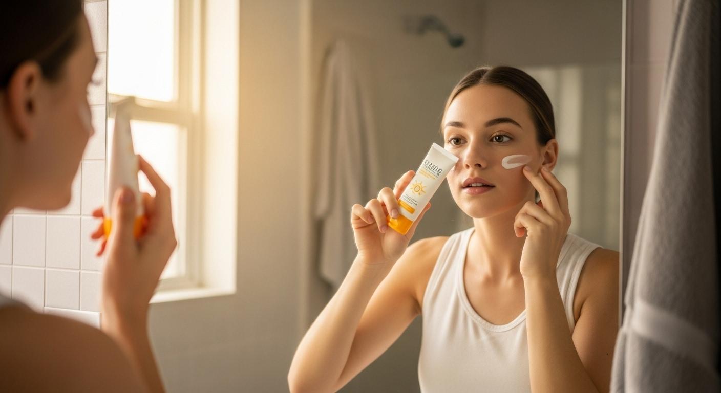 Un jeune adulte se regarde dans le miroir de sa salle de bain, prêt à appliquer une crème solaire sur son visage propre, à la lumière douce du matin