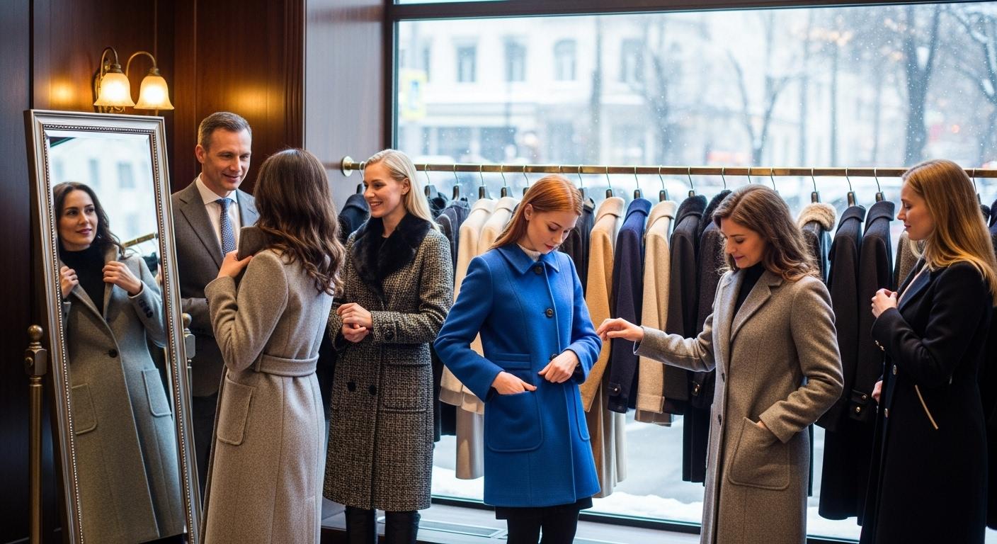 Un vendeur élégant dans une boutique raffinée de manteaux observe des clientes essayant des manteaux neufs dont les poches sont visiblement fermées par une couture fine, la lumière hivernale traverse la vitrine sur des portants bien alignés.