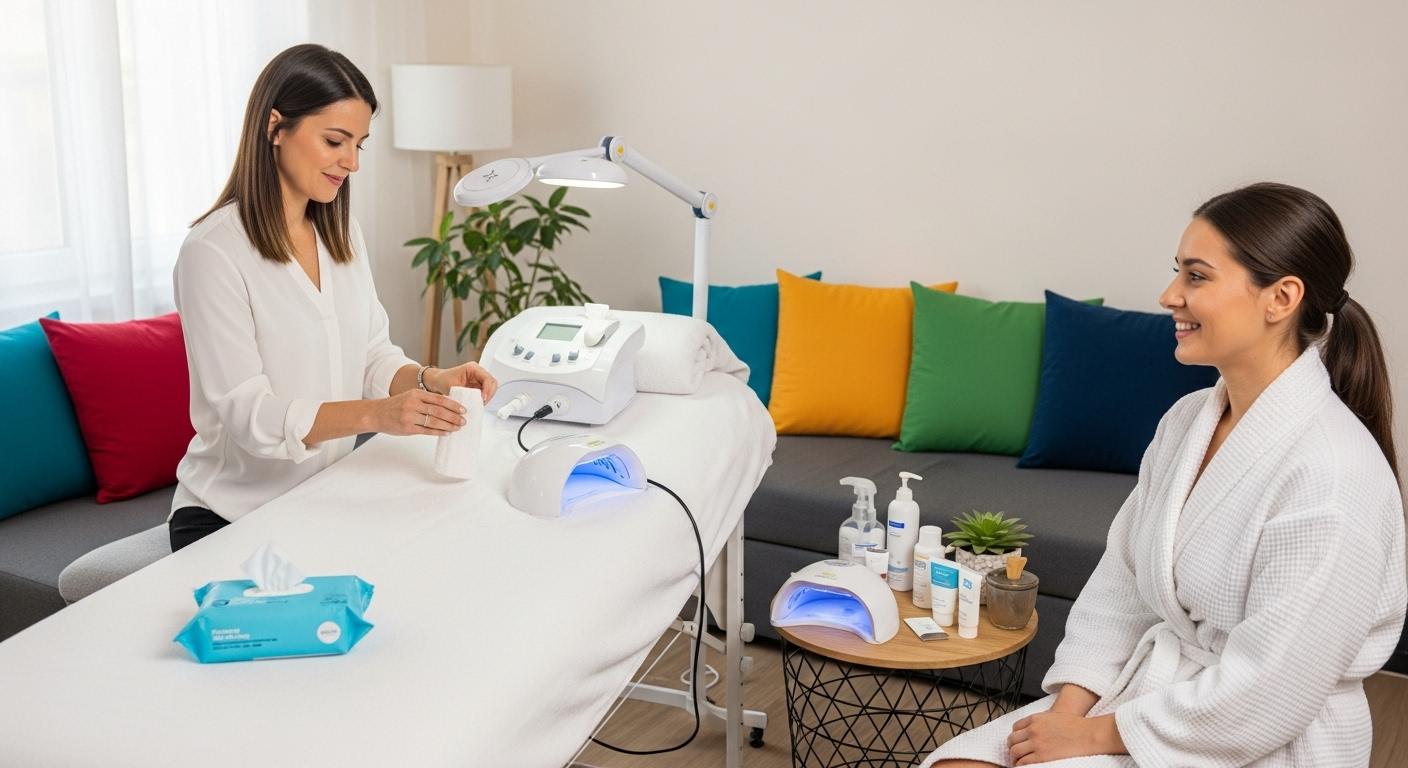 Une esthéticienne professionnelle, en blouse blanche, installe soigneusement sa table de soins portable dans un salon lumineux et ordonné d’un appartement, avec des coussins colorés, tandis qu’une cliente souriante s’assoit en peignoir, attendant le début de la séance. Les accessoires de beauté, lingettes, crèmes et lampes LED sont posés sur une petite table à côté, dans une ambiance paisible et chaleureuse.