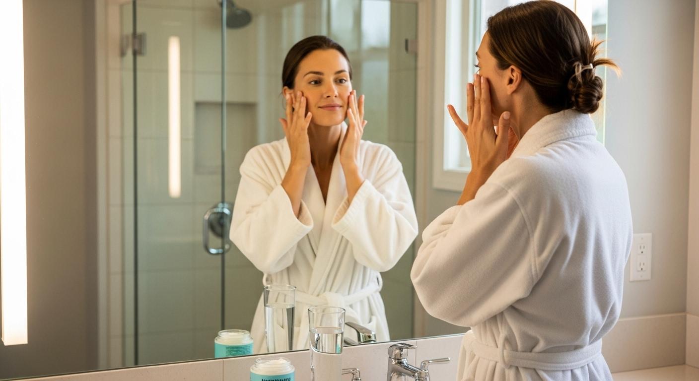 Une femme debout dans sa salle de bain, en peignoir, massant doucement son visage devant un miroir éclairé par la lumière naturelle, avec sur le plan vasque une crème hydratante et un grand verre d'eau à ses côtés.