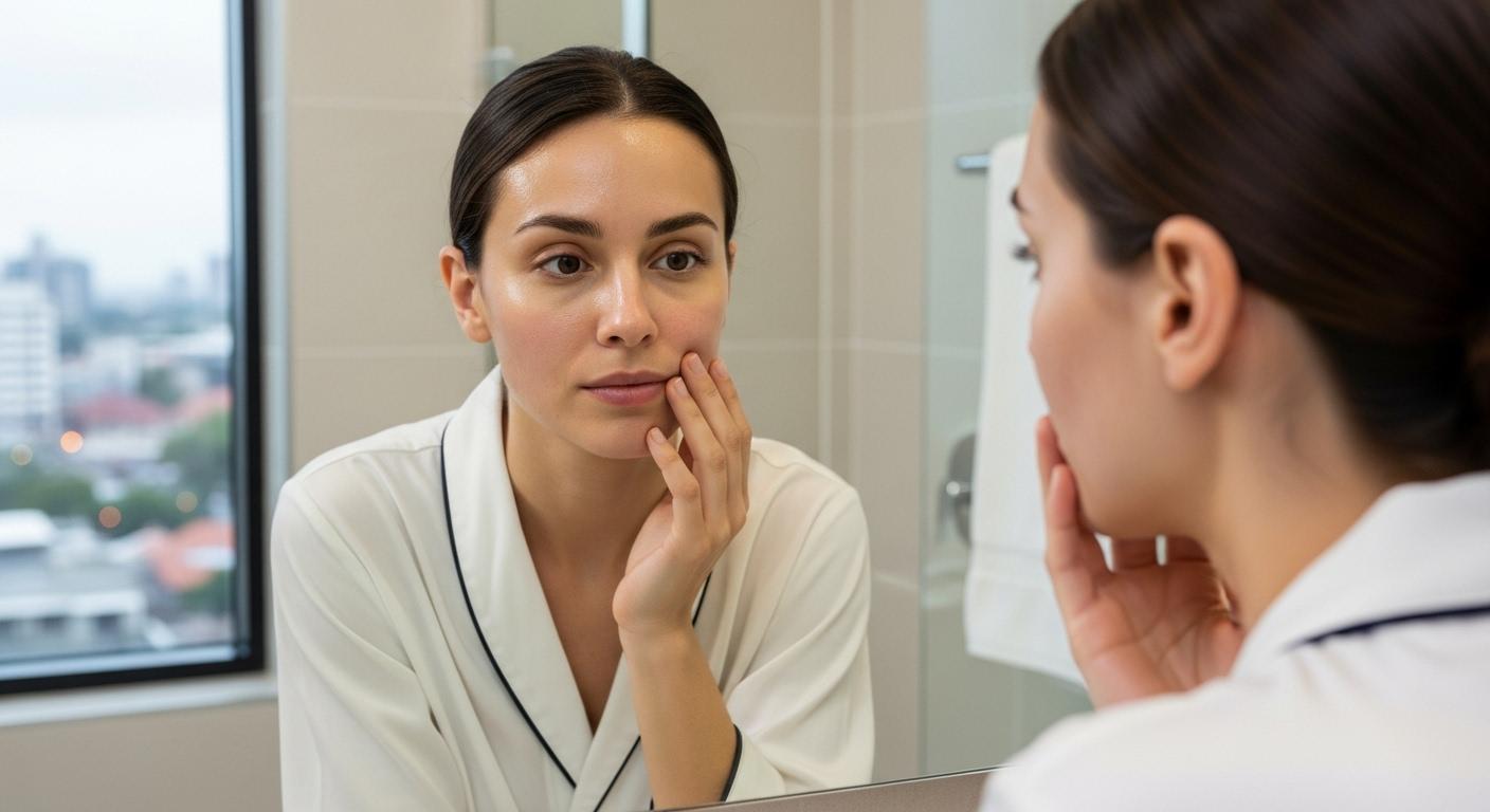 Une femme face à son miroir dans une salle de bain lumineuse, observant son reflet avec d’un côté un front légèrement brillant et de l’autre des joues mates et sèches, cadre citadin suggéré par la fenêtre