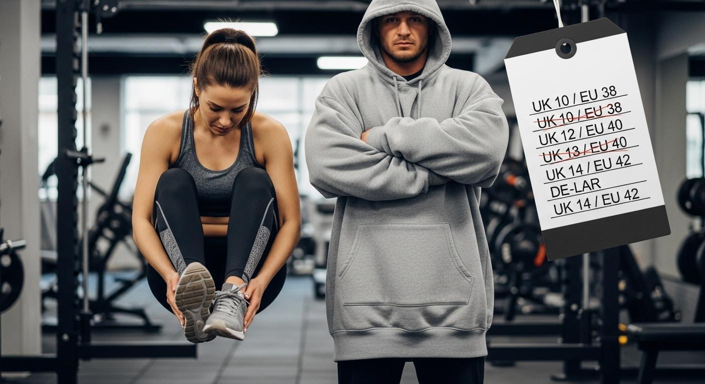 Une jeune femme dans une salle de sport regarde ses pieds, l'air embarrassé, réalisant que ses baskets sont manifestement trop petites pour elle. À côté, un autre sportif porte un sweat bien trop large, avec une étiquette visible indiquant différentes tailles UK et EU, illustrant la confusion des tailles.