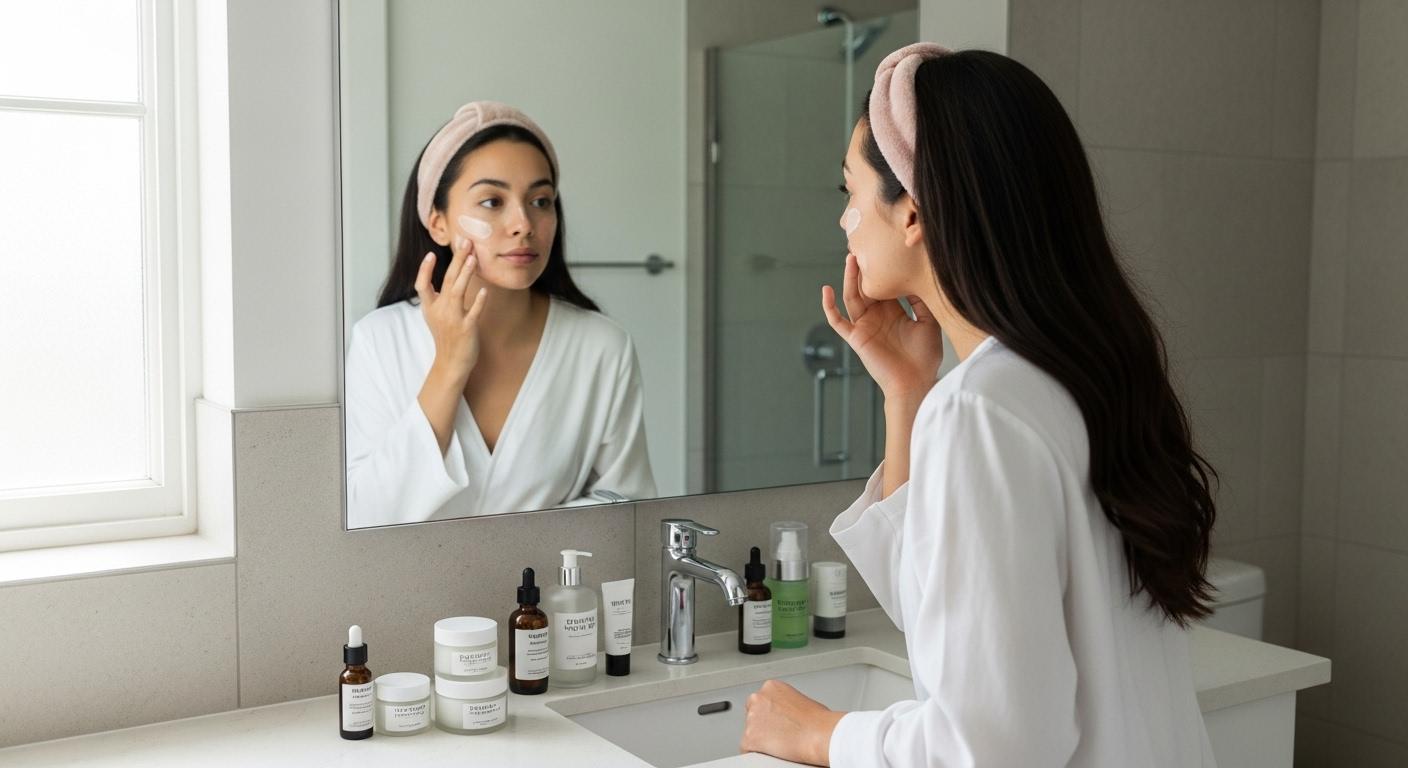 Une jeune femme debout devant son miroir dans une salle de bain lumineuse, appliquant un soin visage personnalisé, entourée de produits adaptés à son type de peau, avec une expression concentrée et attentive à sa routine.