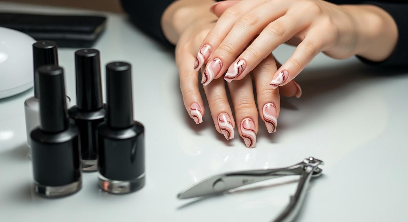 Une main féminine reposant sur une table de salon de manucure, chaque doigt arborant un ongle soigneusement taillé en spirale ; autour, quelques flacons de vernis et un coupe-ongles courbé sont posés, reflétant un environnement propre et tendance, ambiance lumière naturelle.
