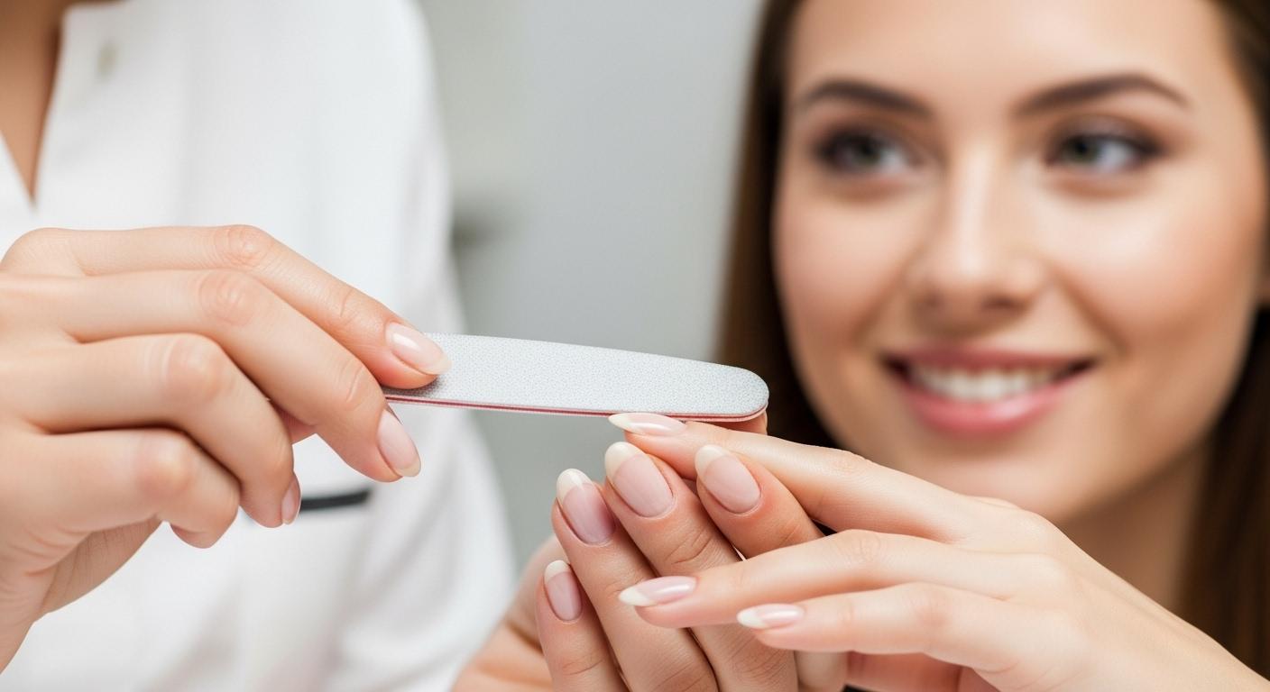 Une manucure en gros plan avec une professionnelle limant délicatement les ongles ovales d'une jeune femme, le visage ravi de la cliente reflétant la satisfaction et la confiance retrouvée.