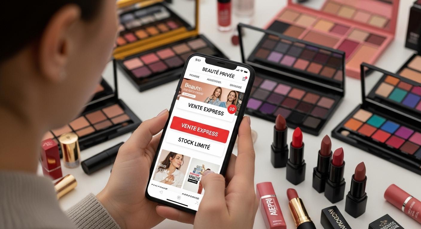 Une personne parcourt sur son smartphone la page d’accueil de Beauté Privée, entourée de palettes de maquillage colorées, tubes de rouges à lèvres ouverts, et de boîtes hermétiques à l’effigie de marques connues, tandis qu’apparaissent des notifications "vente express" et "stock limité"