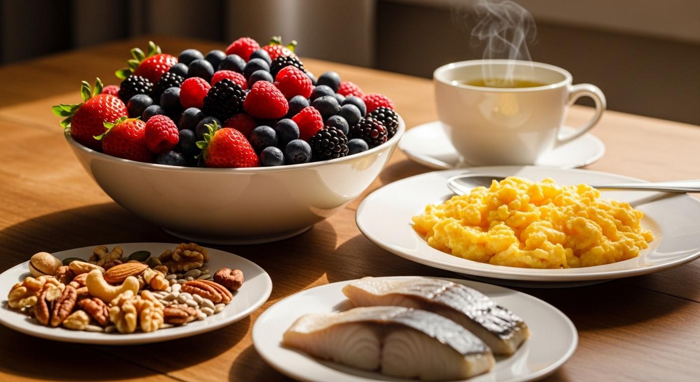 Une table du petit-déjeuner bien éclairée, avec un bol généreux de fruits rouges, une assiette d'œufs brouillés, des poissons gras tranchés, une poignée d'oléagineux et une tasse de thé vert fumant, tous disposés de façon appétissante pour illustrer une alimentation saine et colorée