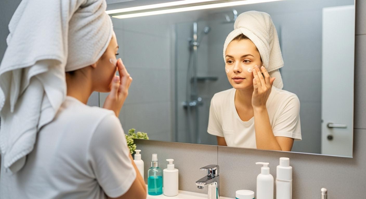jeune femme devant son miroir dans une salle de bain lumineuse, appliquant une crème hydratante sur son visage avec un geste doux, une serviette enroulée autour de la tête, produits de soin joliment disposés à côté du lavabo.