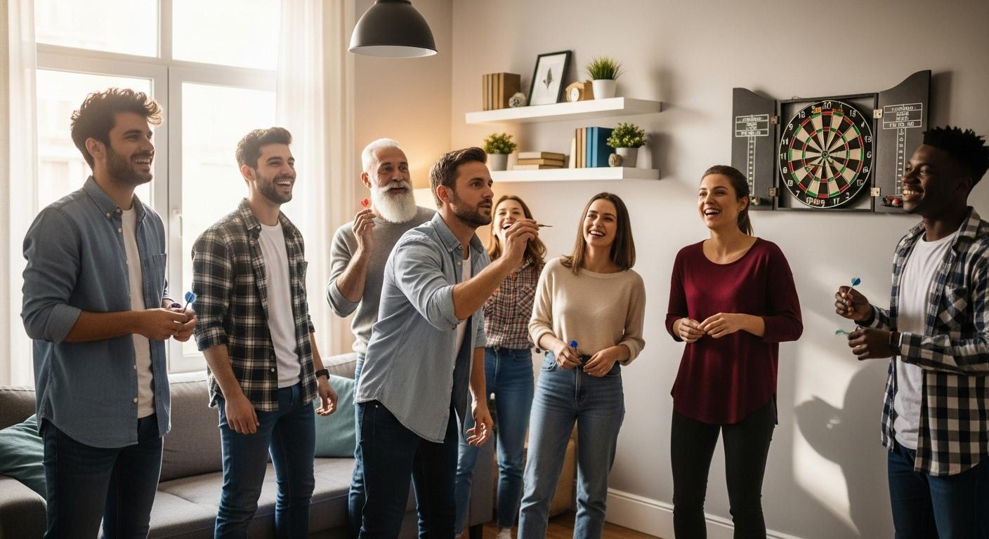 Un groupe d'amis de différentes générations rient autour d'une cible de fléchettes accrochée dans un salon convivial, certains attendent leur tour en tenant une fléchette, tandis qu'un joueur vise la cible avec concentration sous les regards amusés.