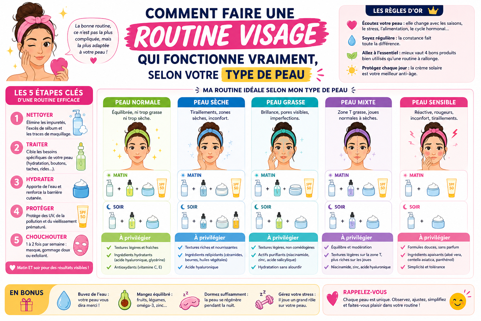 Infographie : Comment faire une routine visage qui fonctionne vraiment, selon votre type de peau