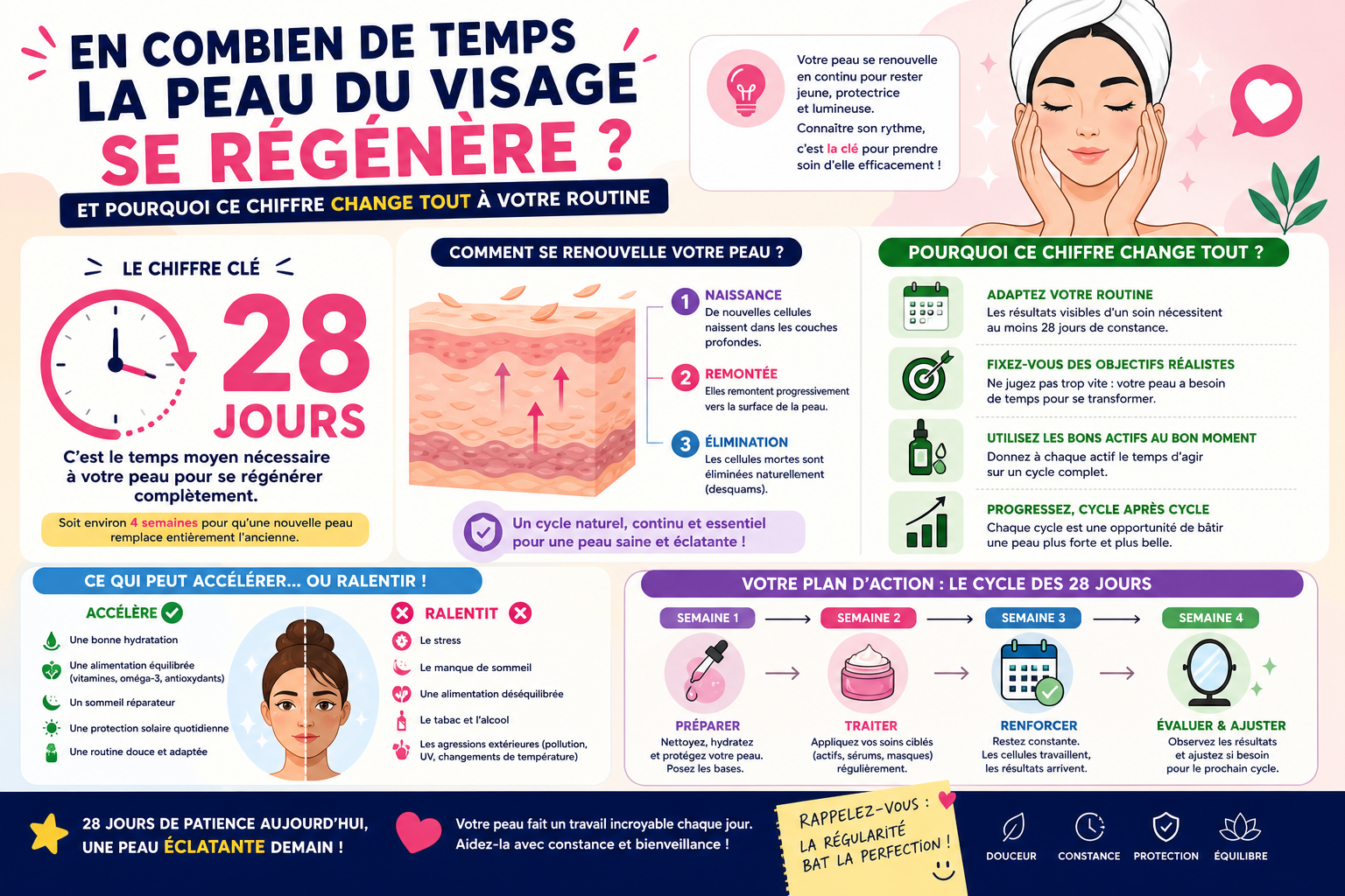 Infographie : En combien de temps la peau du visage se régénère, et pourquoi ce chiffre change tout à votre routine