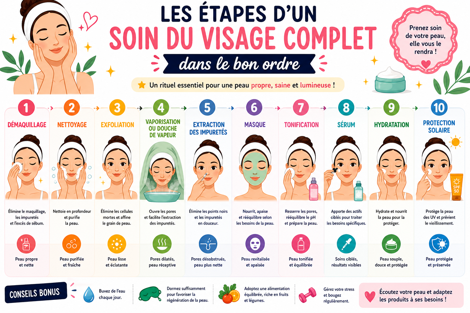 Infographie : Les étapes d'un soin du visage complet dans le bon ordre
