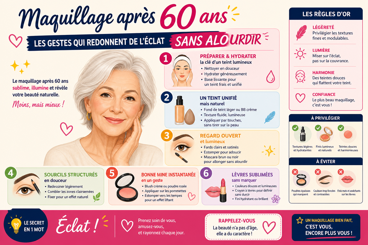 Infographie : Maquillage après 60 ans, les gestes qui redonnent de l'éclat sans alourdir