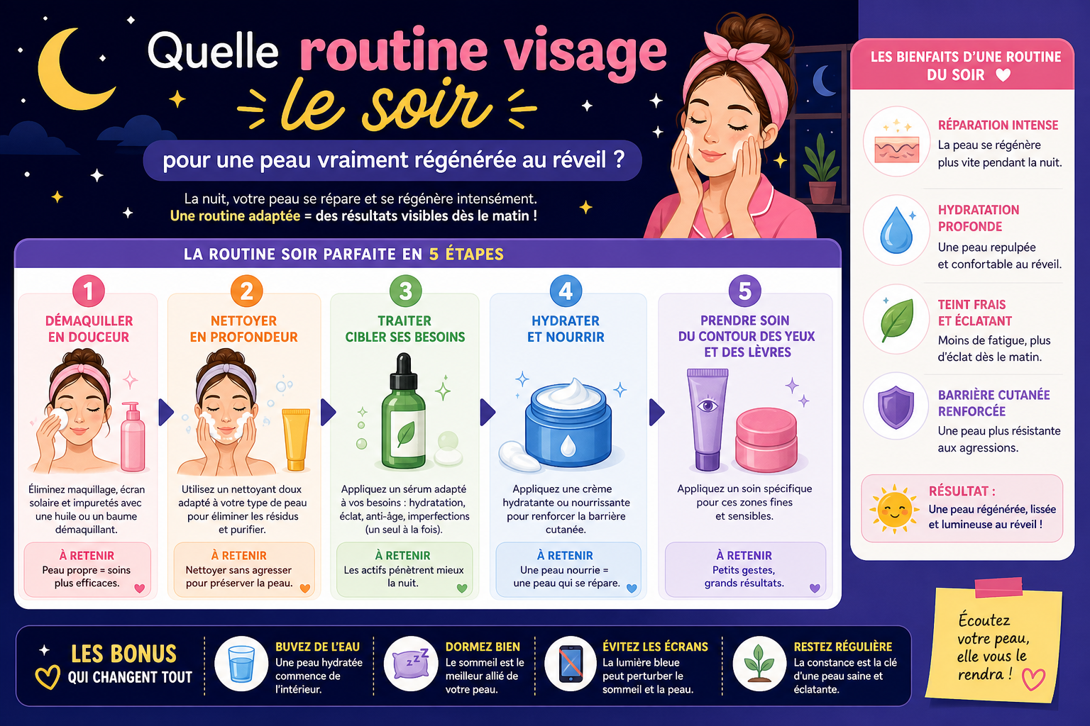 Infographie : Quelle routine visage le soir pour une peau vraiment régénérée au réveil ?