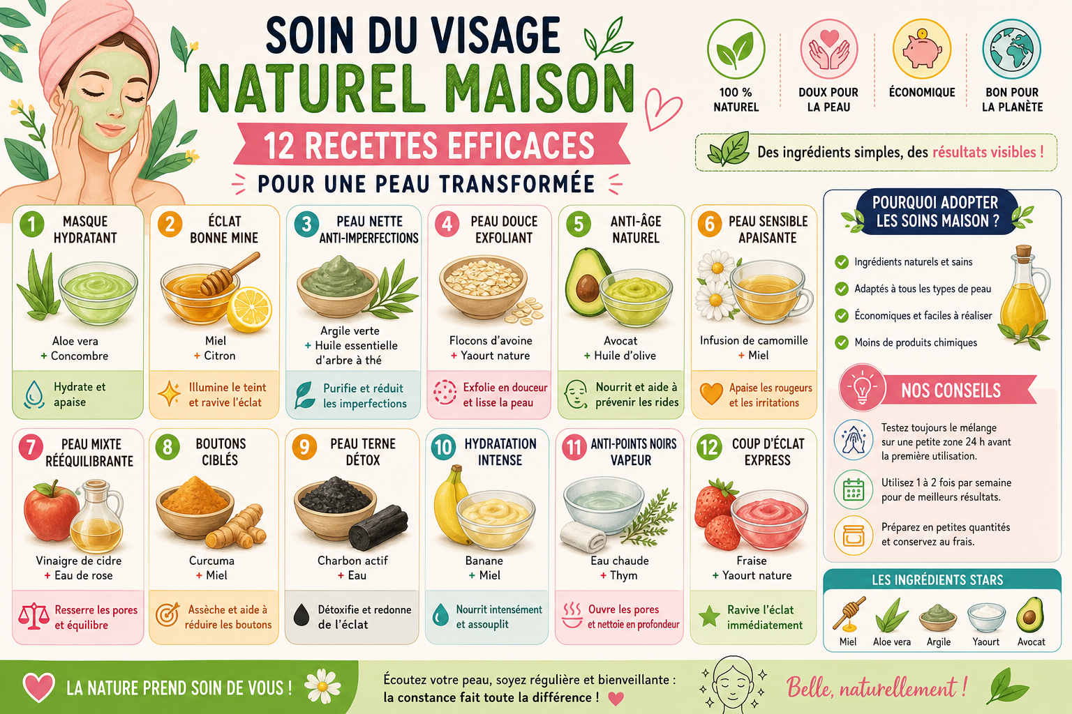 Infographie : Soin du visage naturel maison : 12 recettes efficaces pour une peau transformée